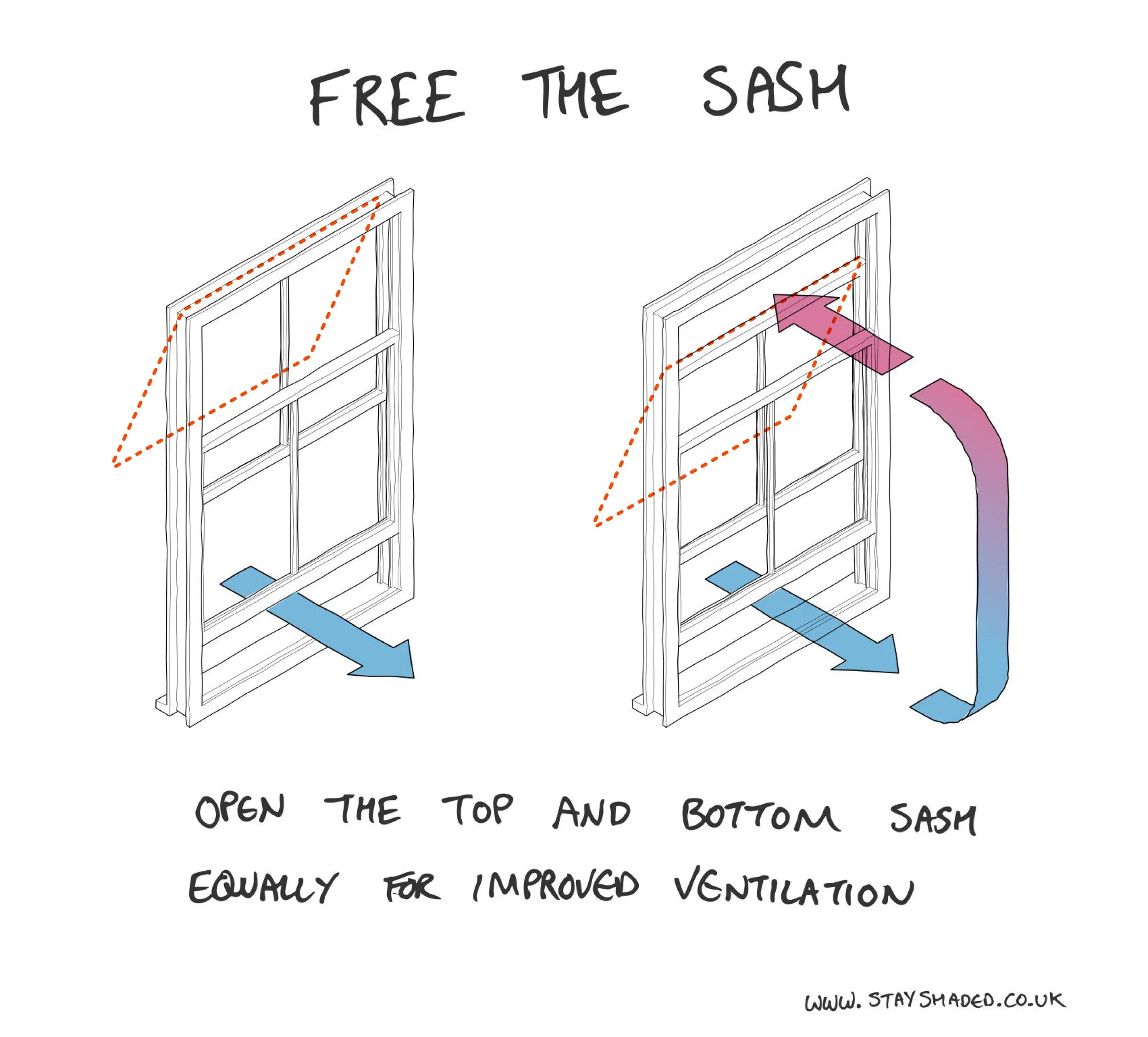 Hand-drawn illustration demonstrating how to open and close a sash window for improved ventilation, with text 'Free the sash' at the top and website 'stayshaded.co.uk' at the bottom.