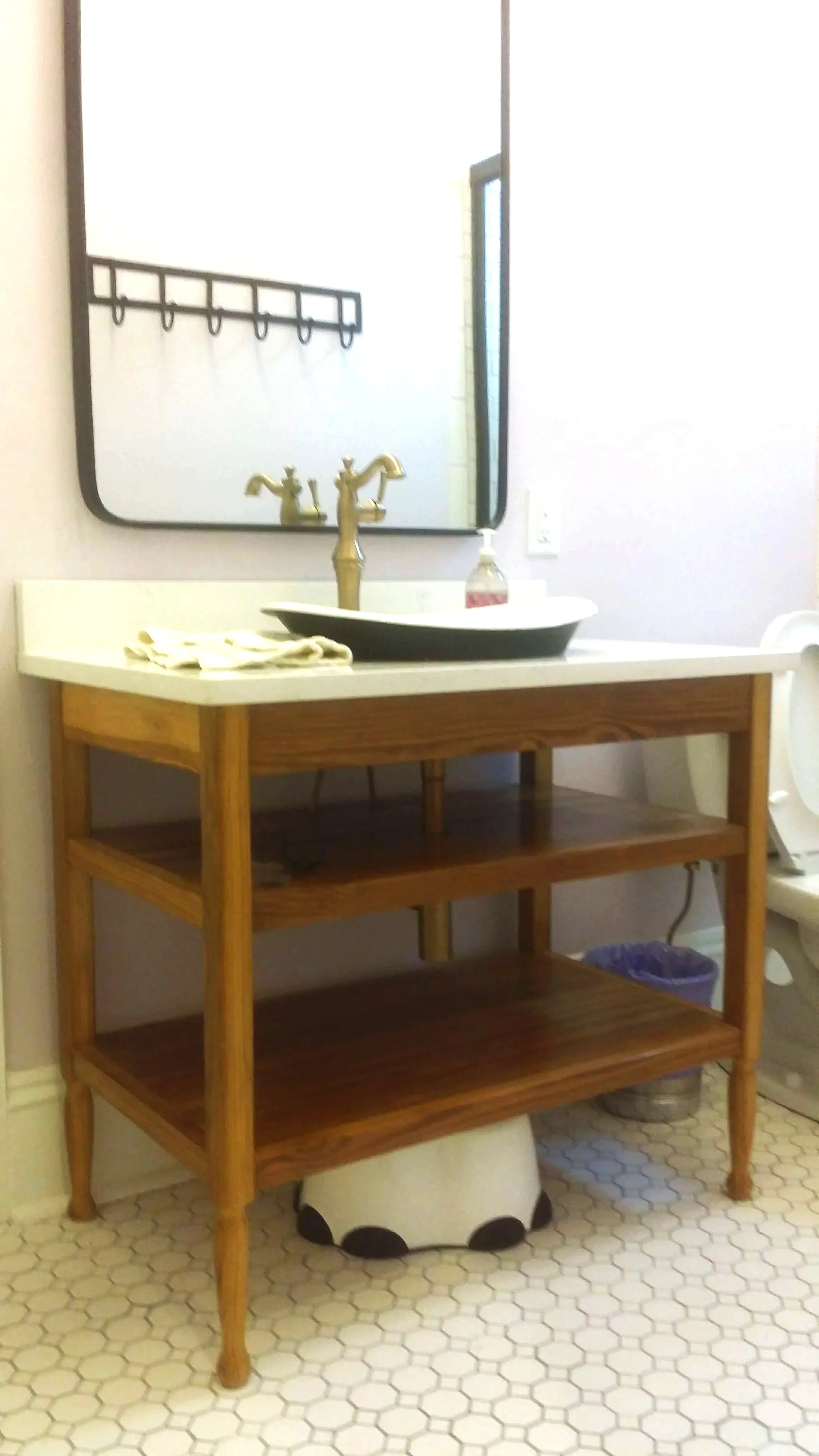 custom built furniture style vanity with turned legs, reclaimed cypress
