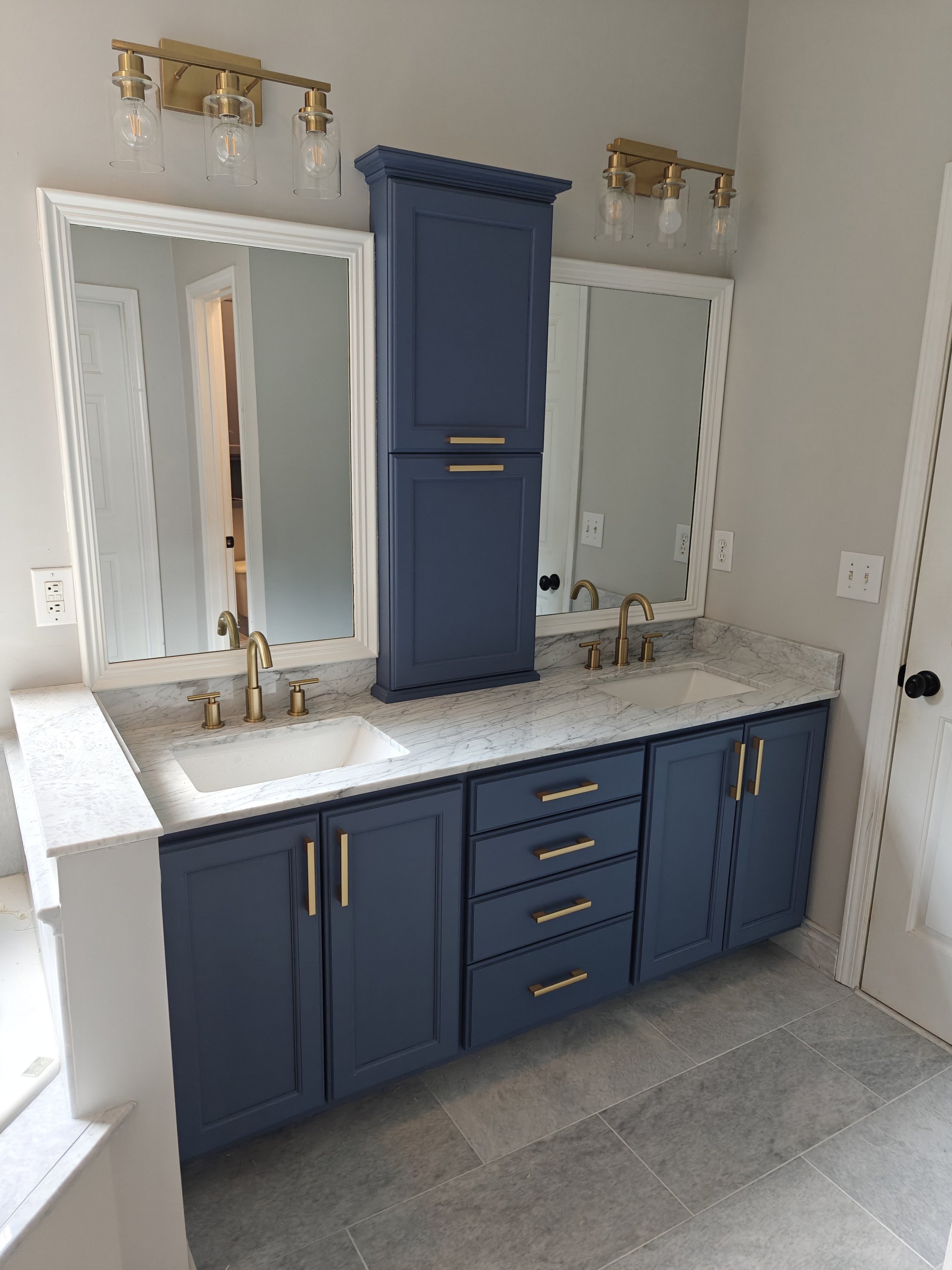 custom built bathroom vanity with medicine cabinet and custom mirror frames