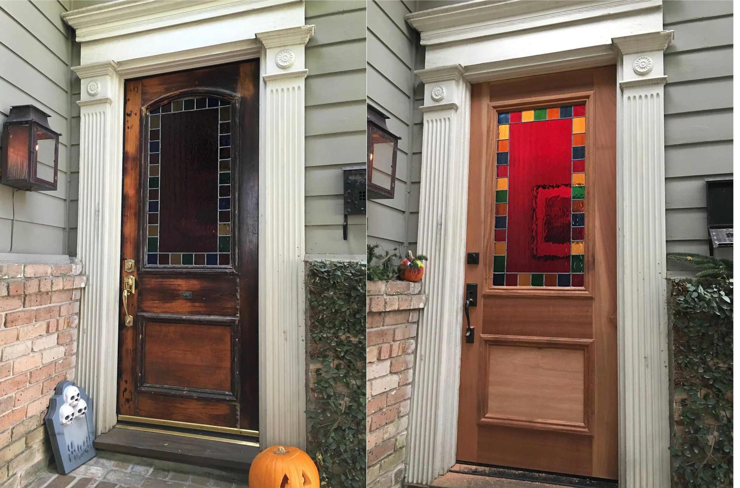 Before and after photo of custom mahogany entry door with stained glass.