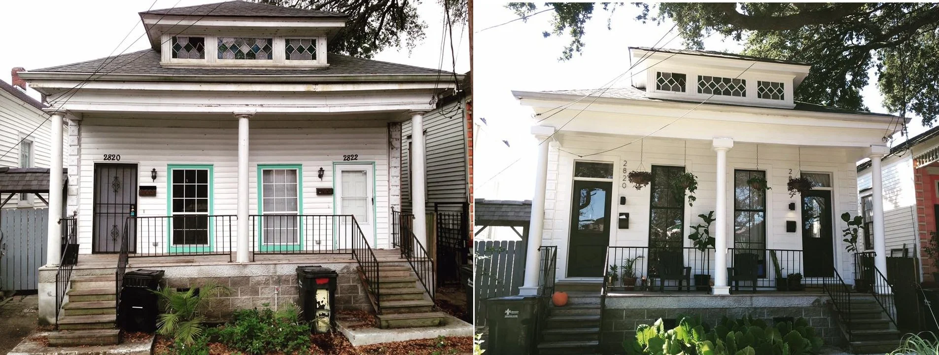 Before and after photo of historic house facade, with custom built doors, windows, and frame sets