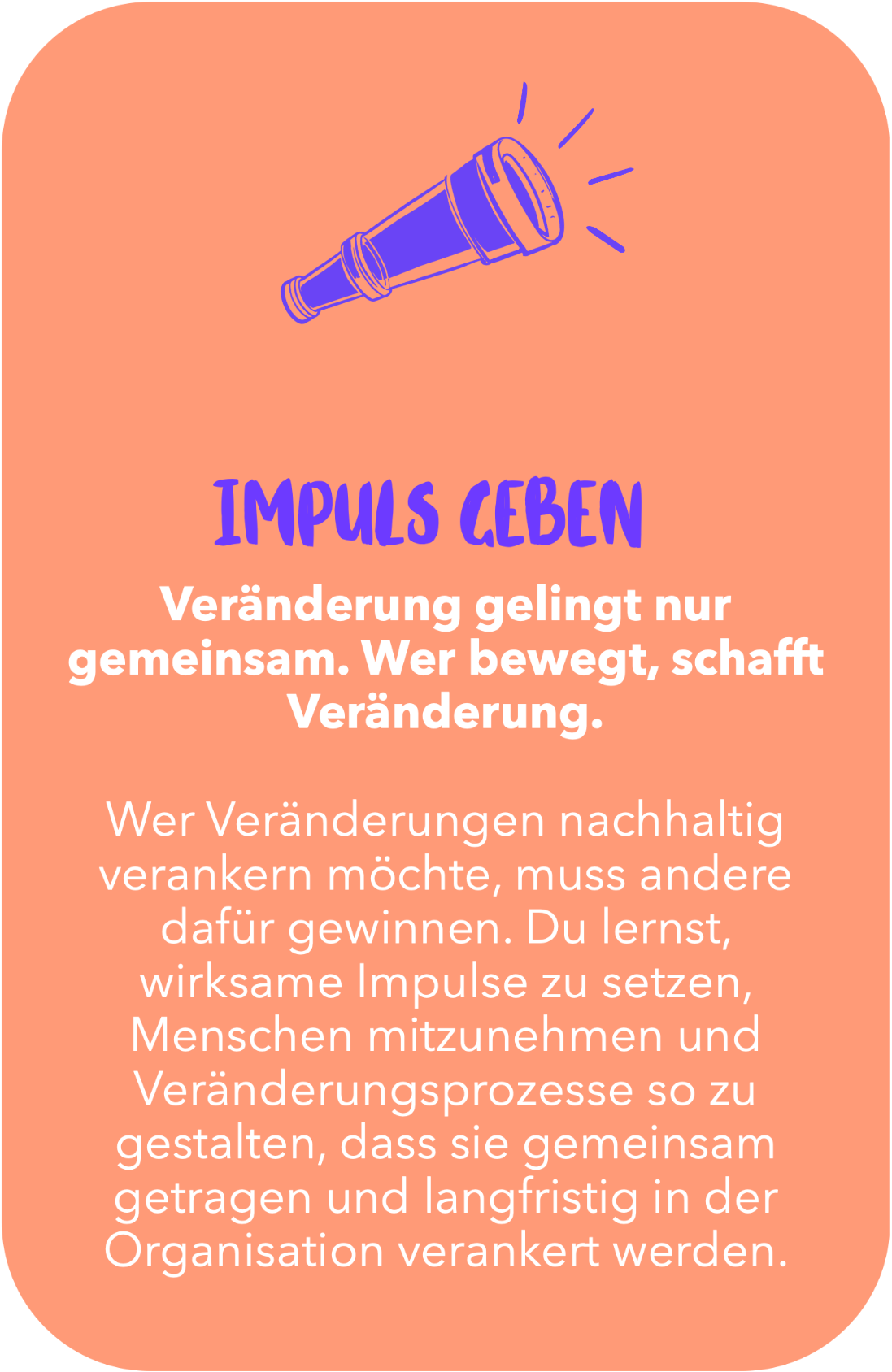 Illustration mit Titel "Impuls geben" sowie einem Textabschnitt, der die Bedeutung gemeinsamer Veränderung und nachhaltiger Verankerung von Wandel betont.