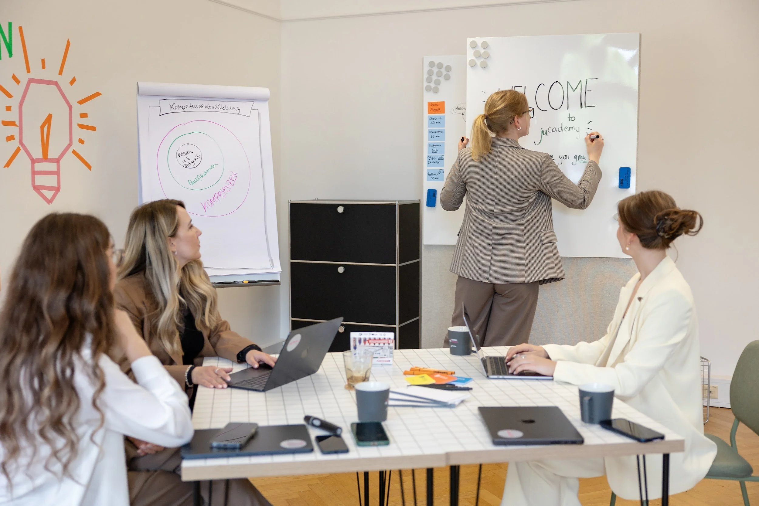 Das Team von jucreation sitzt an einem Tisch in einem Besprechungsraum während eines Meetings. Josie steht vor am Flipchart und schreibt.