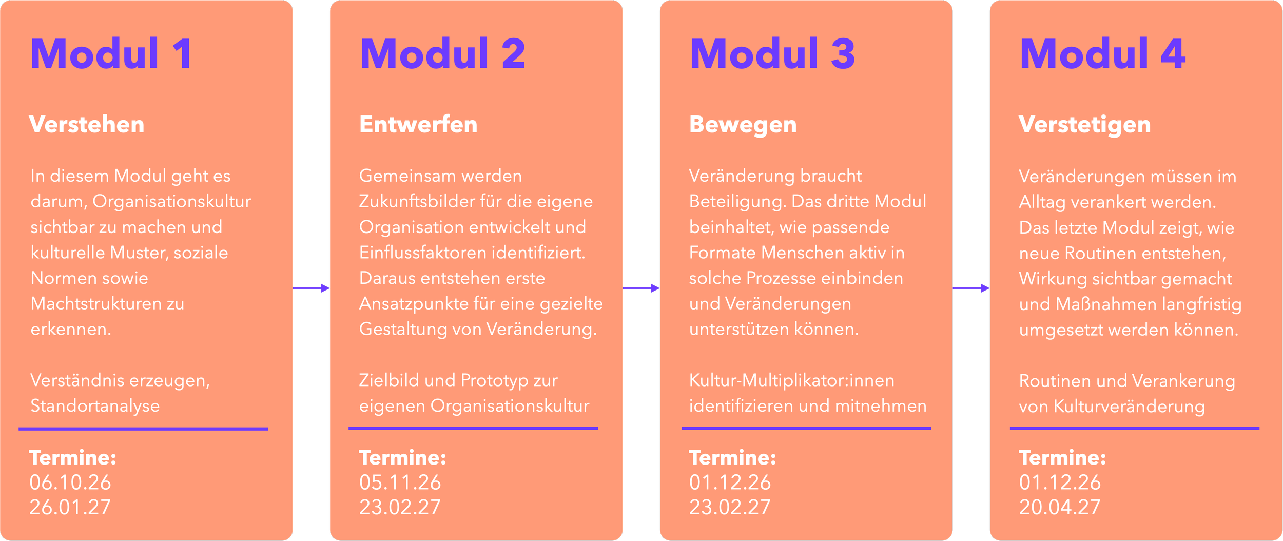 Ein Diagramm mit vier Modulen, die jeweils aus kurzen Beschreibungen und Terminen bestehen. Jedes Modul ist in einem orangefarbenen Kasten mit blauem Titel und weißem Text dargestellt. Die Module sind durch schwarze Linien getrennt.