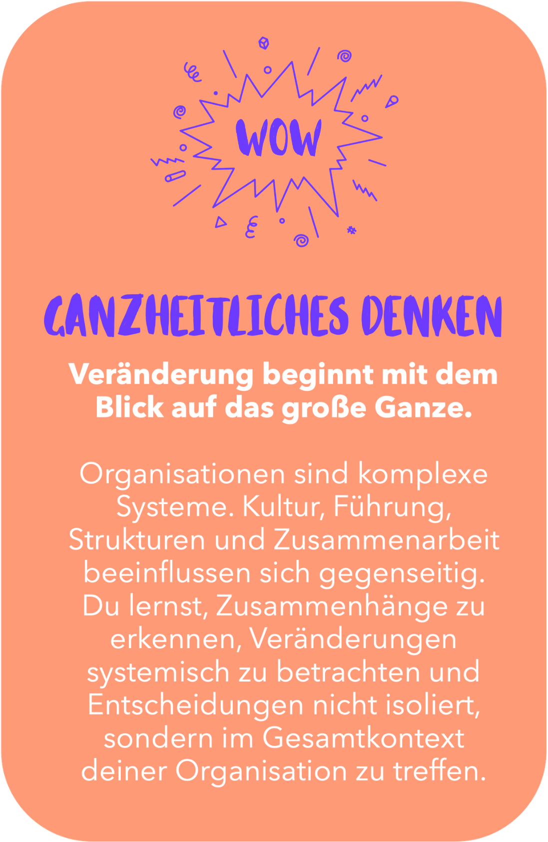 Illustration mit einem Text über ganzheitliches Denken, inklusive einer Beschreibung, wie Organisationen als komplexe Systeme funktionieren.