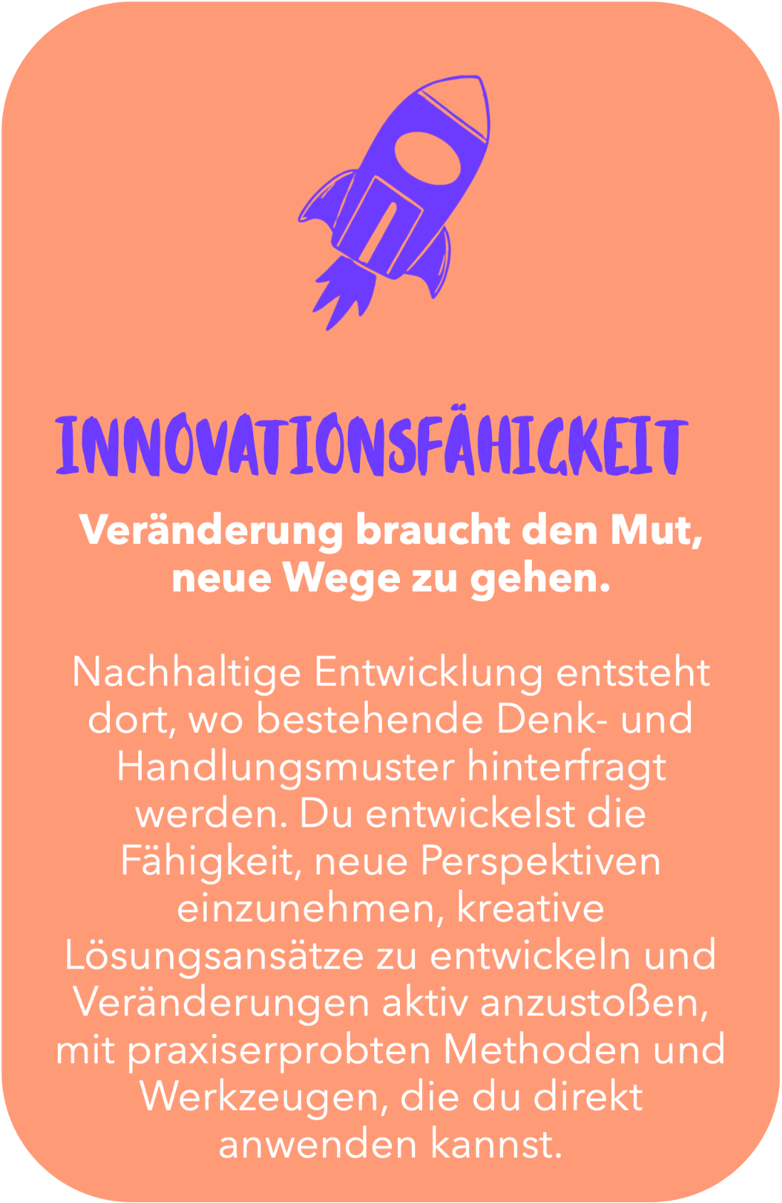 Illustration mit Text über Innovationsfähigkeit, die Veränderung, nachhaltige Entwicklung und kreative Problemlösungen fördert.