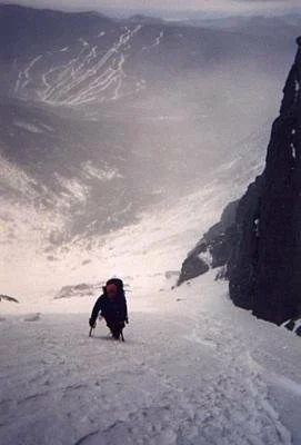 Founder, Mya Schaefer, climbing on Mount Washington, in Huntingtons Ravene.