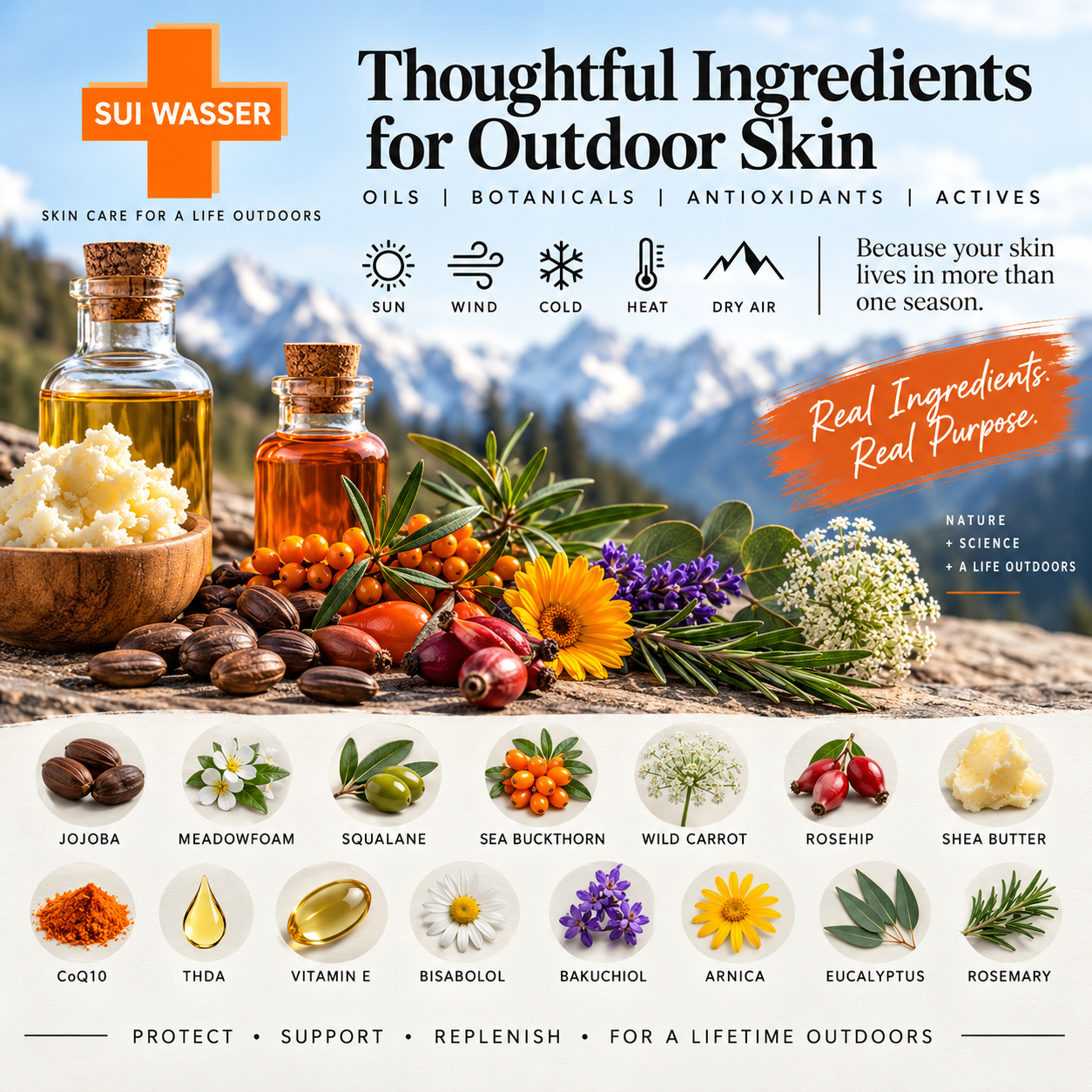 Botanical oils, seeds, berries and skincare ingredients used in SUI WASSER outdoor skincare formulations