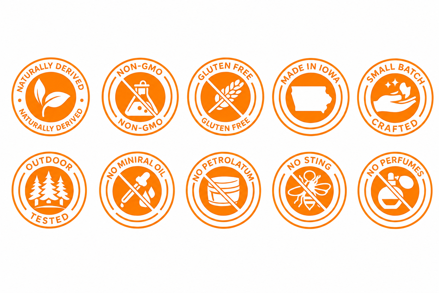 Collection of orange circular certification and quality assurance icons with white symbols and text, including labels such as naturally derived, non-GMO, gluten free, made in Iowa, small batch crafted, outdoor tested, no mineral oil, no petrolatum, no sting, and no perfumes.