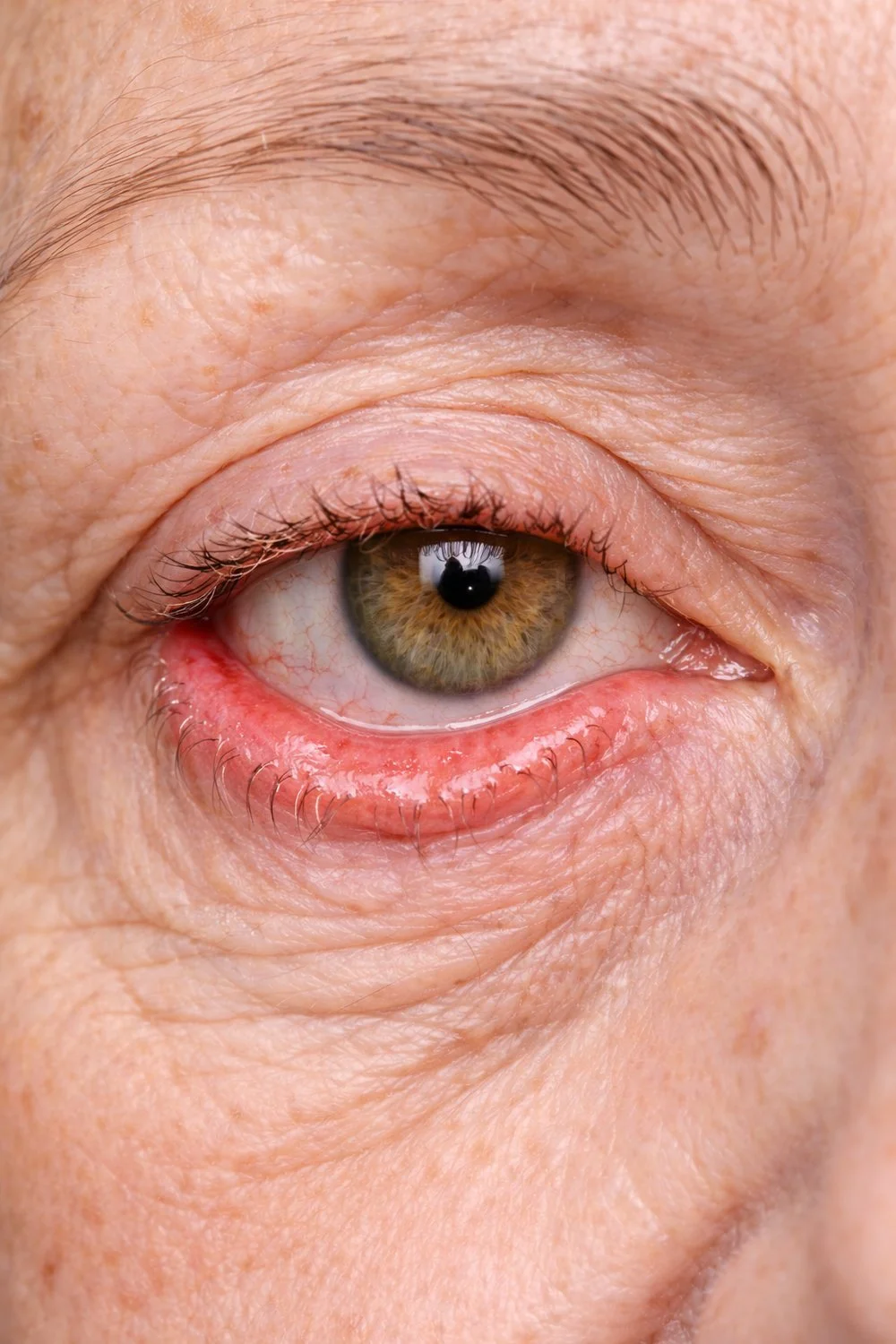 Close-up of an eye showing detailed skin texture, eyelashes, and a hazel iris.