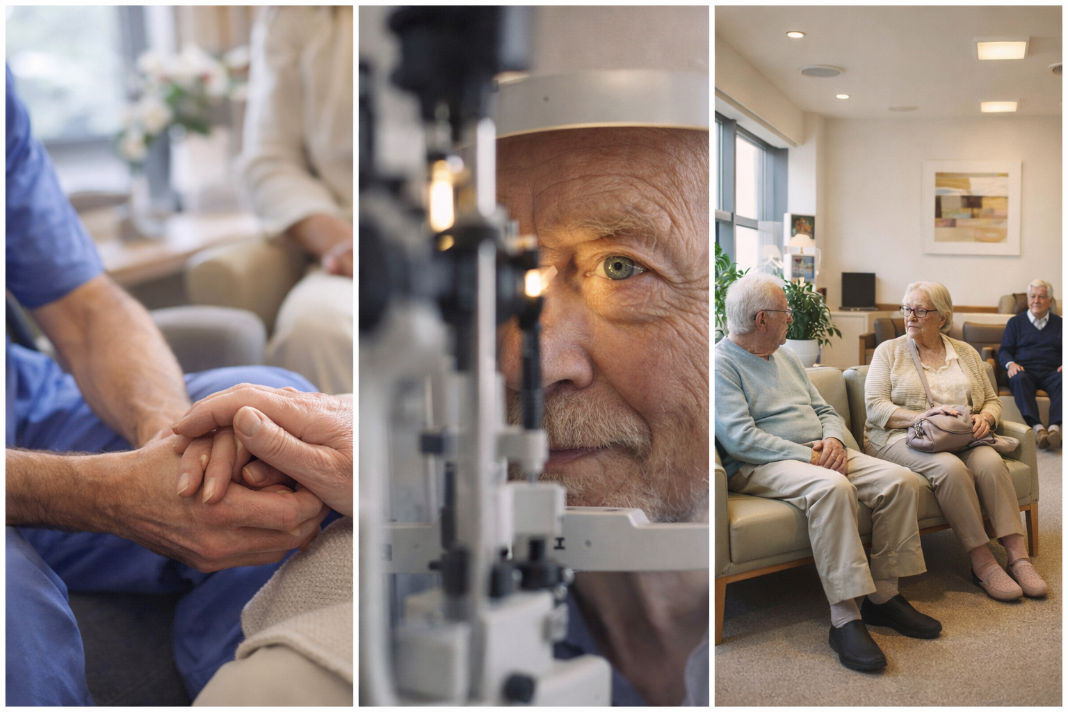 Collage of three images: First image shows a healthcare worker holding an elderly person's hand; second image is a close-up of an elderly man with a white beard and eye looking through a microscope; third image depicts a group of elderly people sitting and chatting in a care facility lounge.