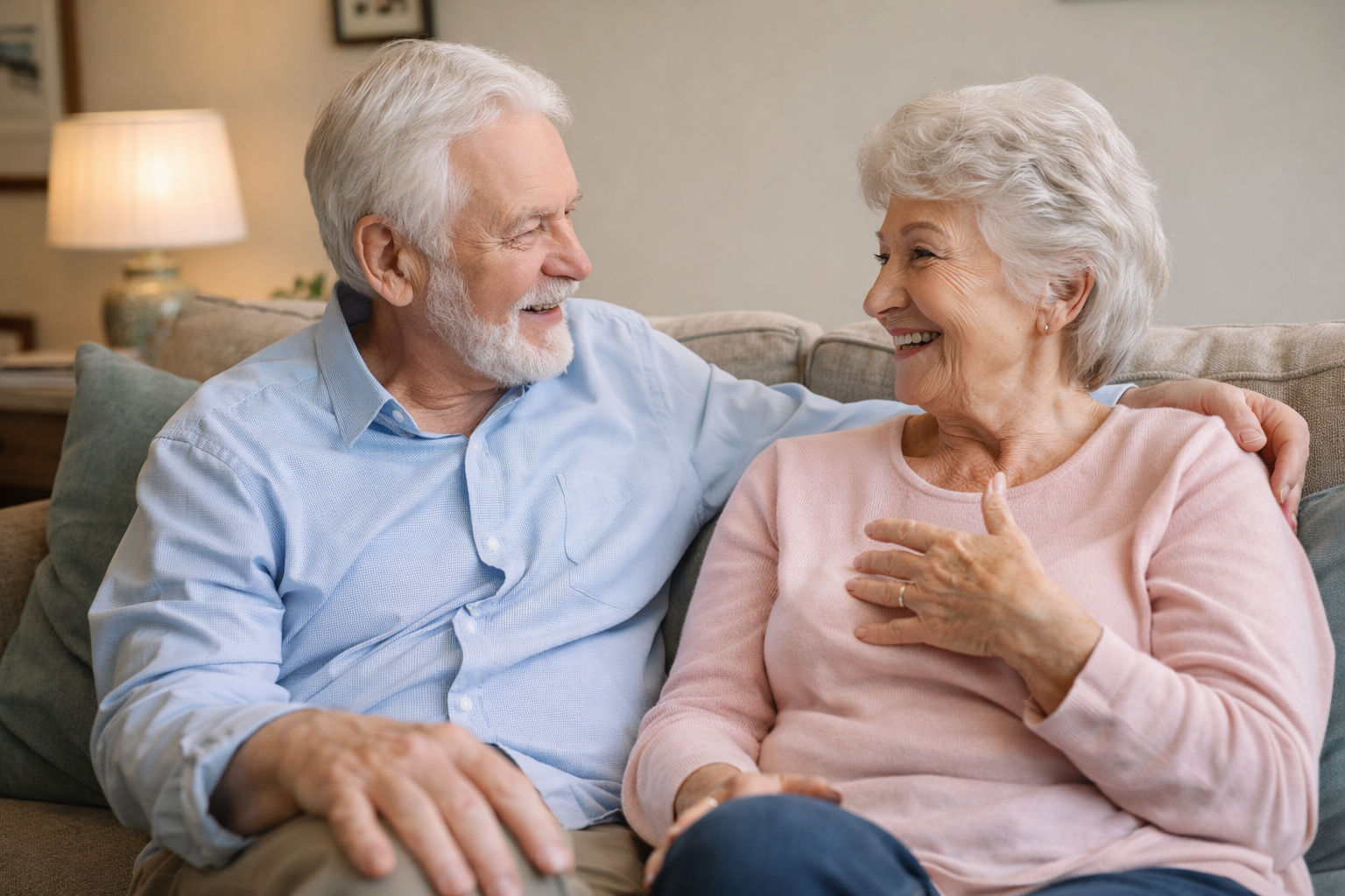 An elderly couple sitting close together on a beige couch, smiling and enjoying a conversation in a cozy living room with a lamp and picture frames in the background.