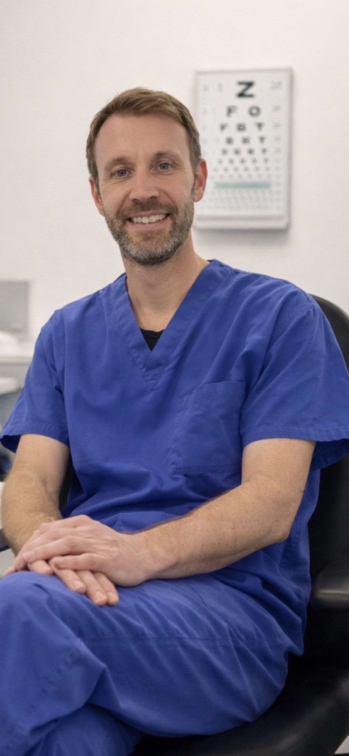 A man in blue scrubs sitting in a medical office smiling at the camera with an eye chart in the background.