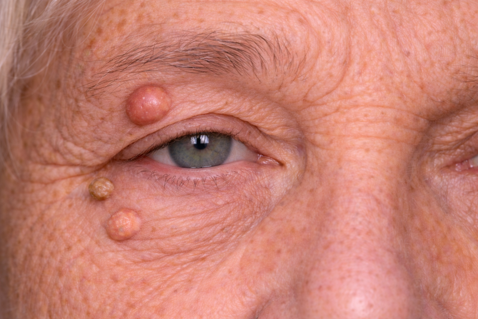Close-up of a person's face showing multiple skin tags near the eye.