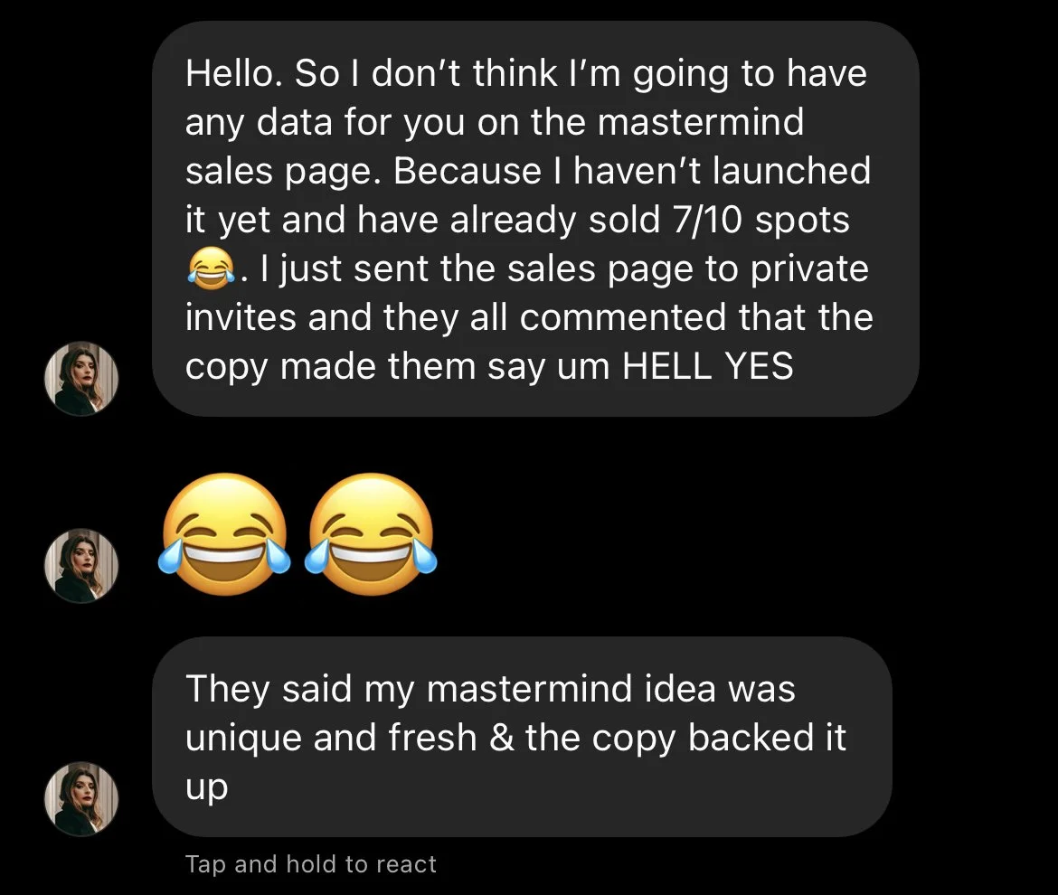 Screenshot: I just sent the sales page to private invites and they all commented that the copy made them say um HELL YES