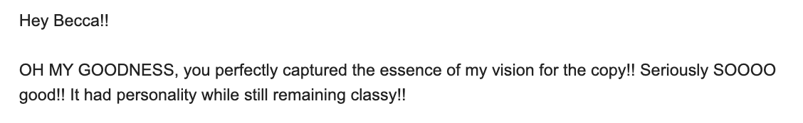 Screenshot:  you perfectly captured the essence of my vision for the copy!!!