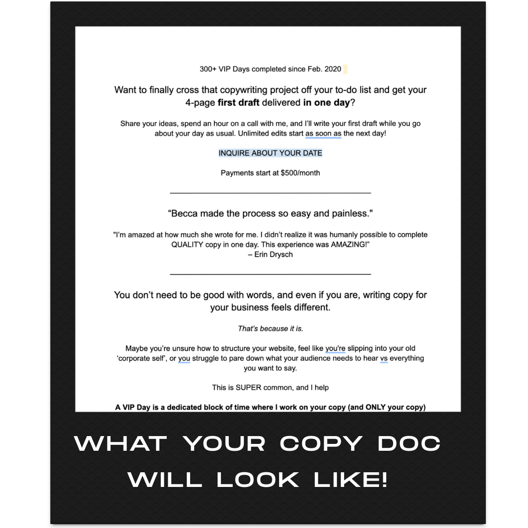Example of website content copywriting doc
