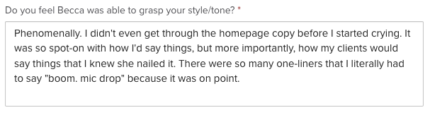 Screenshot:  I didn't even get through the homepage copy before I started crying.
