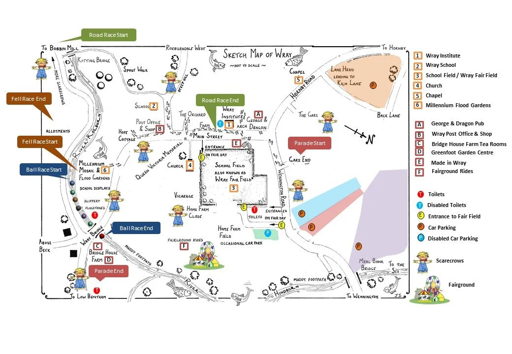A detailed map of Wray, highlighting race routes, entrances, and landmarks such as the fairground, church, and post office, with symbols indicating race start and end points, toilets, and parking. To help you find your way at the Wray Scarecrow.
