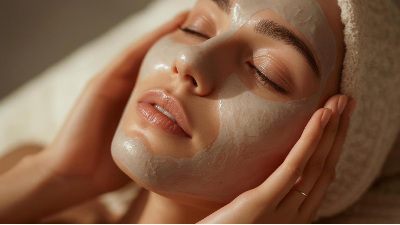 Close-up of a woman with a facial mask relaxing with her eyes closed.