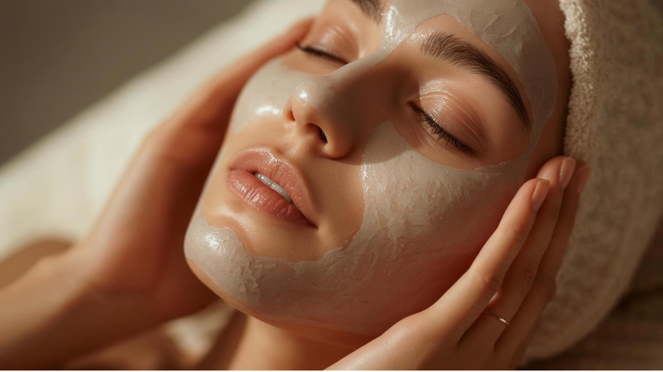 A woman receives a facial treatment with a facial mask applied on her face, eyes closed, lying down with hands gently touching her face.