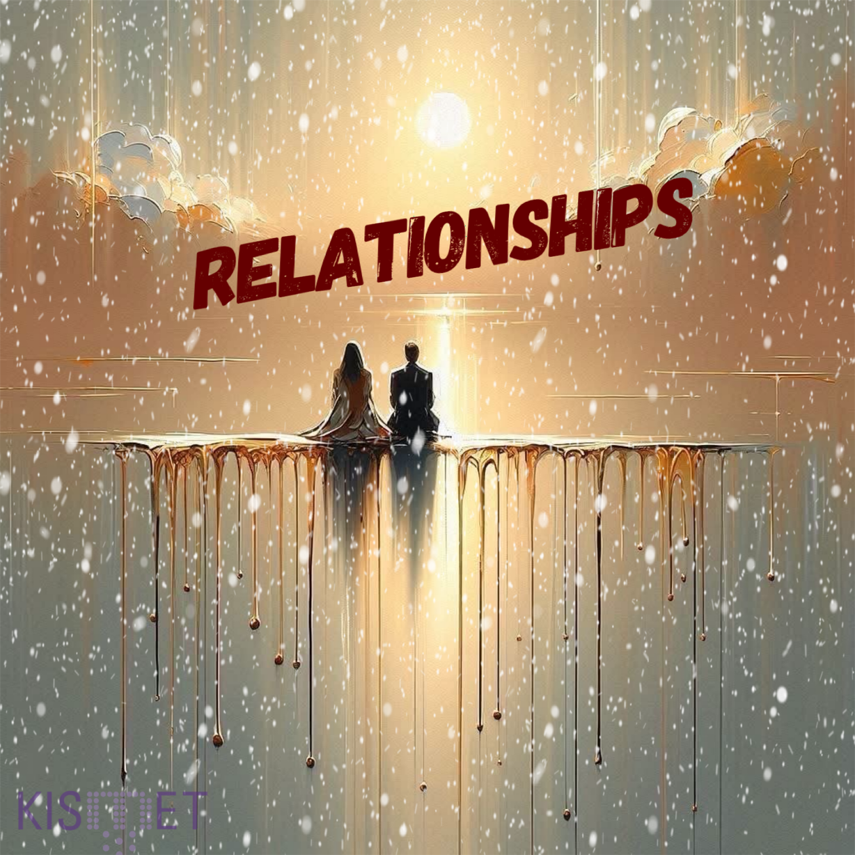 A digital illustration of a couple sitting side by side on a ledge, looking at a sunset or sunrise, with the word 'RELATIONSHIPS' in bold red letters above them. Snow is falling, and clouds are visible in the sky. Kismet is an intuitive living instit