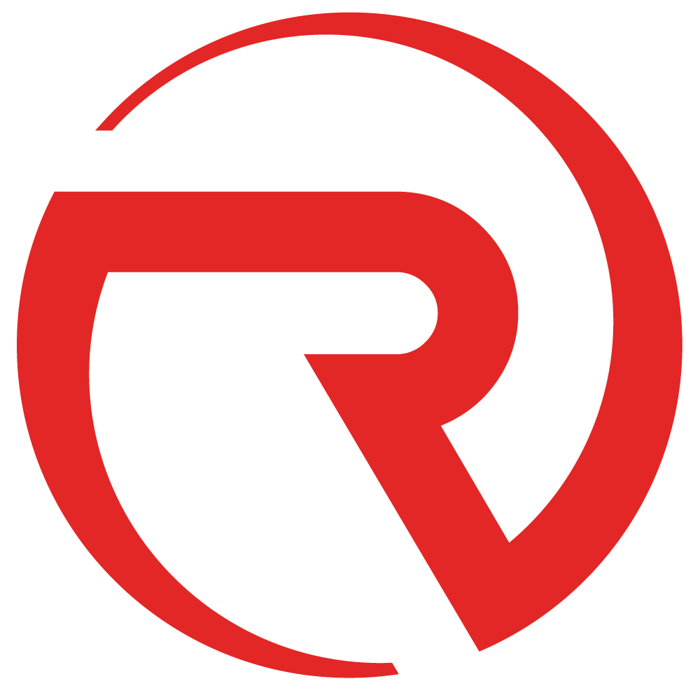 Red and black circular logo with a stylized letter R inside