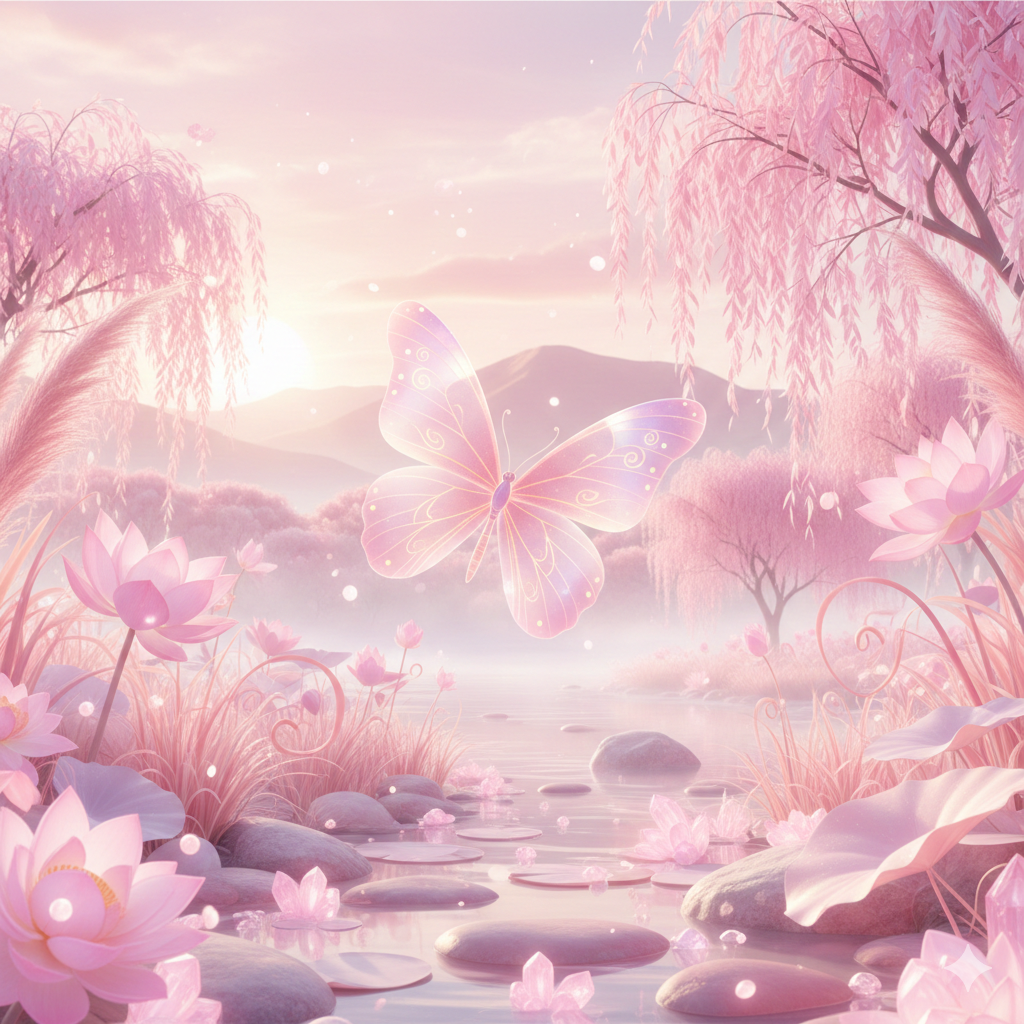 A dreamy, pink-hued landscape with pink lotus flowers and willow trees surrounding a calm river. A glowing, translucent butterfly floats in the center during sunset or sunrise.