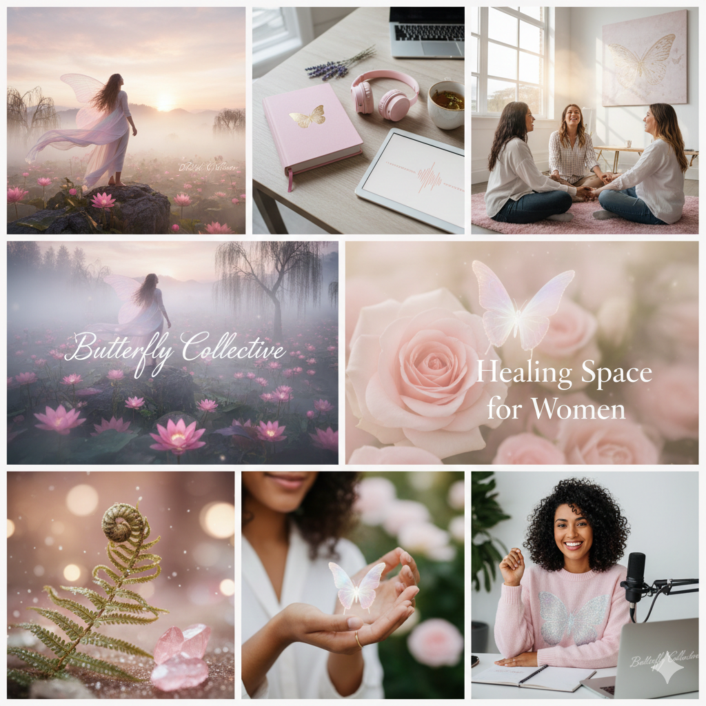 Collage of images promoting a women's healing and support community called Butterfly Collective, featuring women, nature, butterflies, and healing symbols.