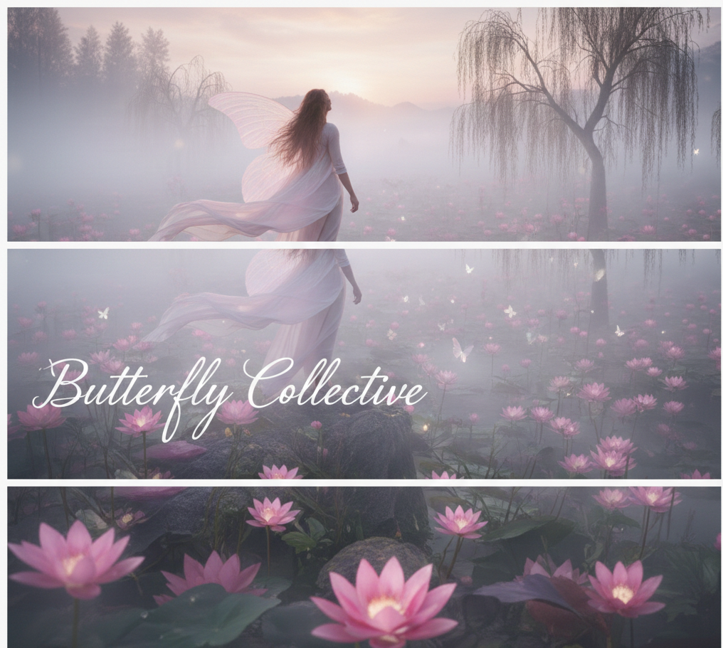 A fantasy scene with a winged woman in a flowing white dress walking through a foggy pond filled with pink water lilies. Flowers, trees, and a soft sunrise or sunset sky frame the scene, with the text "Butterfly Collective" overlaid.
