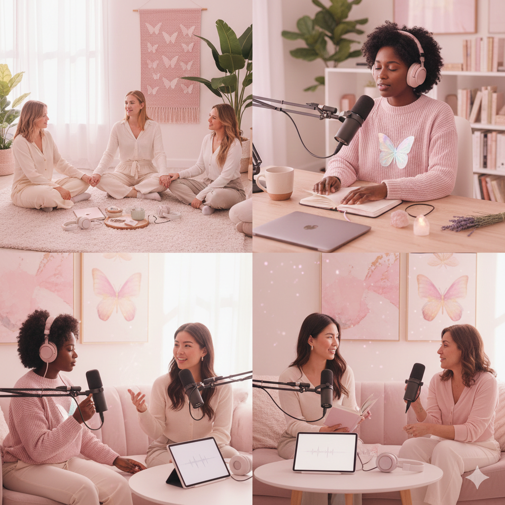 Collage of four women in pink-themed settings: top left women sitting on the floor holding hands, top right woman recording in a pink room with headphones and microphone, bottom left two women recording podcast with headphones and microphones, bottom right two women having a conversation with microphones and tablets in front of them.