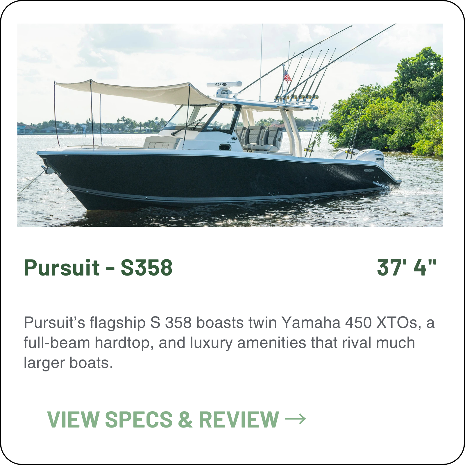 Pursuit S358: 37ft 4in sport center console by Malibu Boats. Features twin Yamaha 425hp or 450hp XTO engines, 45-knot top speed, cabin sleeping 2, enclosed head with shower, hull-side door, 32gal livewell, and mezzanine seating with electric grill.