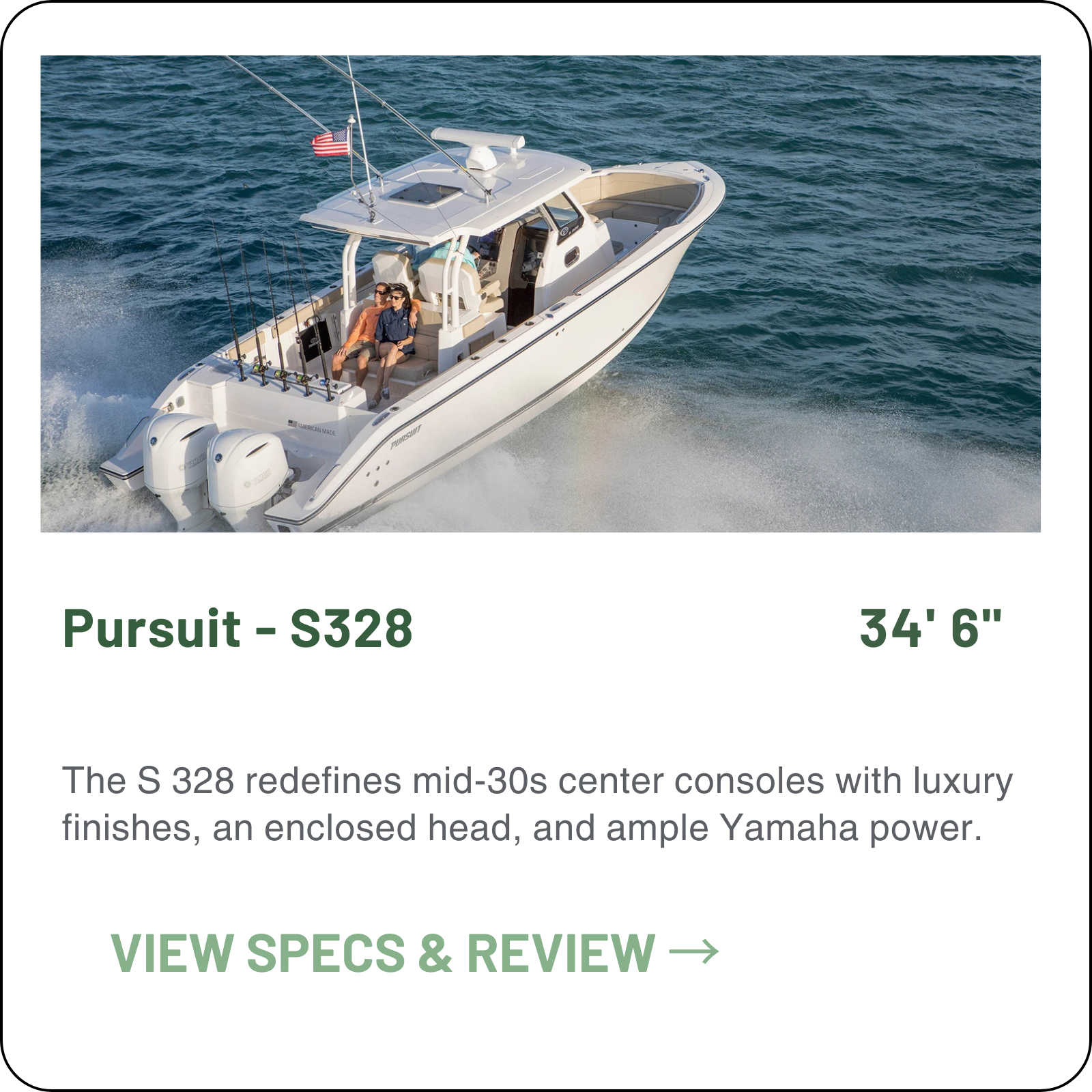 Pursuit S328: 34'6" center console by Pursuit Boats. Features twin Yamaha F300/F350 outboards, 49kt top speed, 20° deadrise. Includes 2-berth cabin, head, hull side door, and integrated hardtop. Built in USA for fishing/cruising.