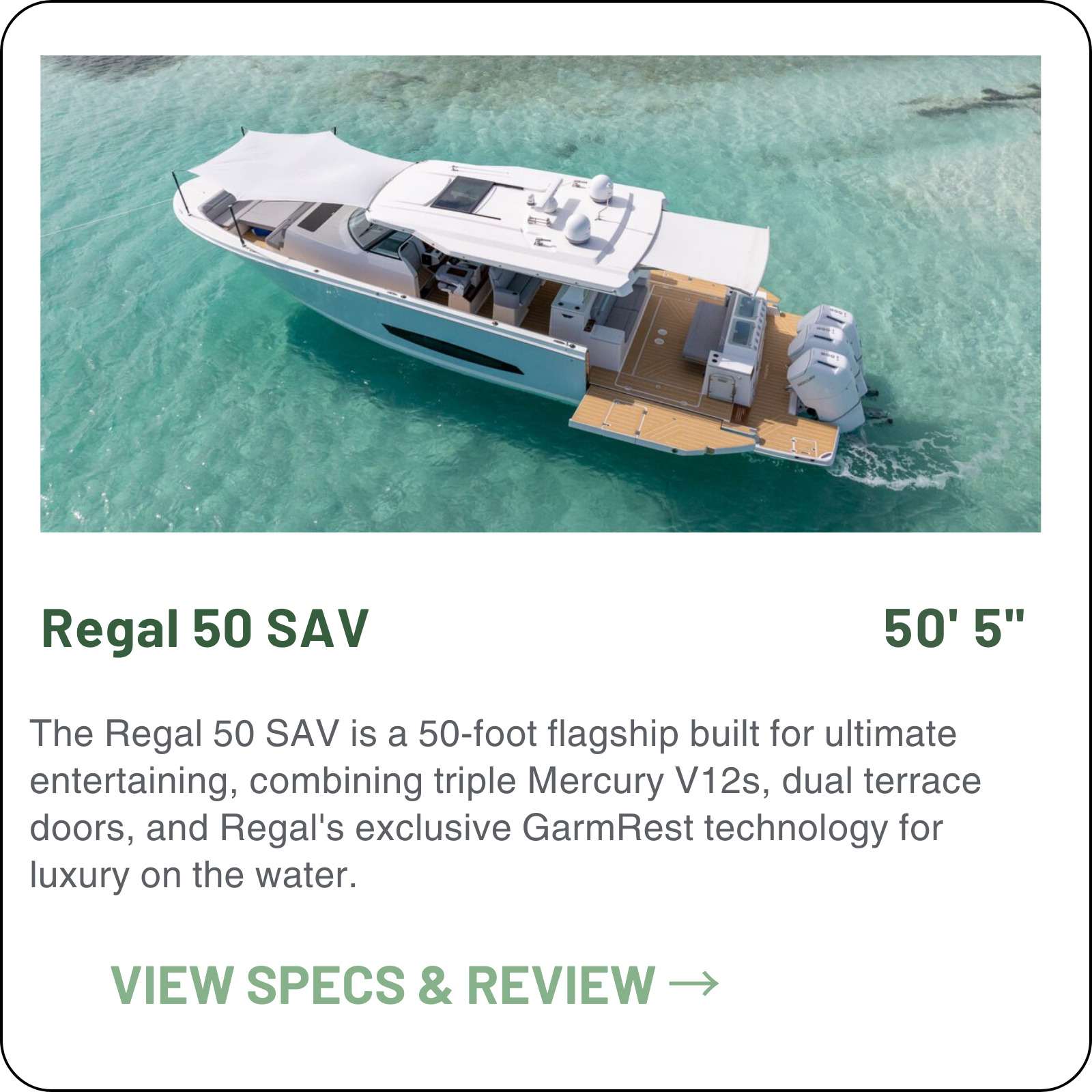 The Regal 50 SAV marries center-console fishability with cruiser comforts: triple Mercury 600s for 56.7 mph, OceanTrac2 offshore hull, folding terrace doors that expand deck space, king stateroom, walk-in shower and LivePower hybrid ease ownership.