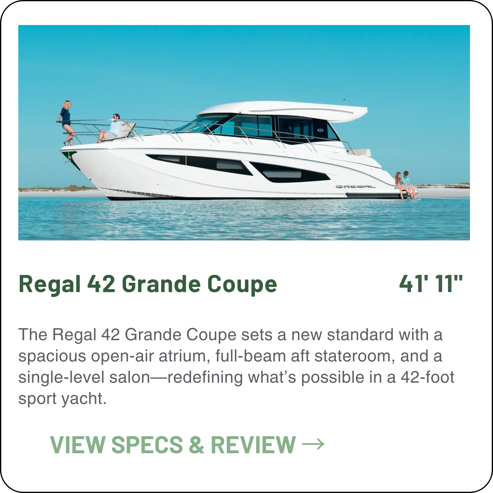 Regal 42 Grande Coupe: 41'11" LOA luxury express cruiser built by U.S.-based Regal Boats. Features a 13' beam, 2 cabins, and 2 heads. Powered by twin Volvo Penta IPS600 435HP diesel pods with joystick control. Includes power sunroof and 31-knot top s