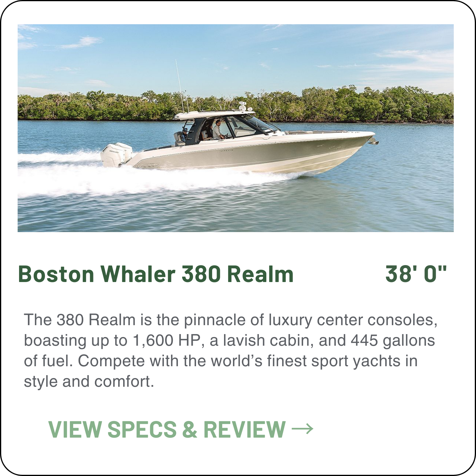 Boston Whaler 380 Realm — 38ft express cabin center console. Up to 1600hp quad Mercury outboards, luxury cabin below, offshore fishing and cruising crossover. Unsinkable foam-core construction. Expert advisory from Minted Yachts, Fort Lauderdale.