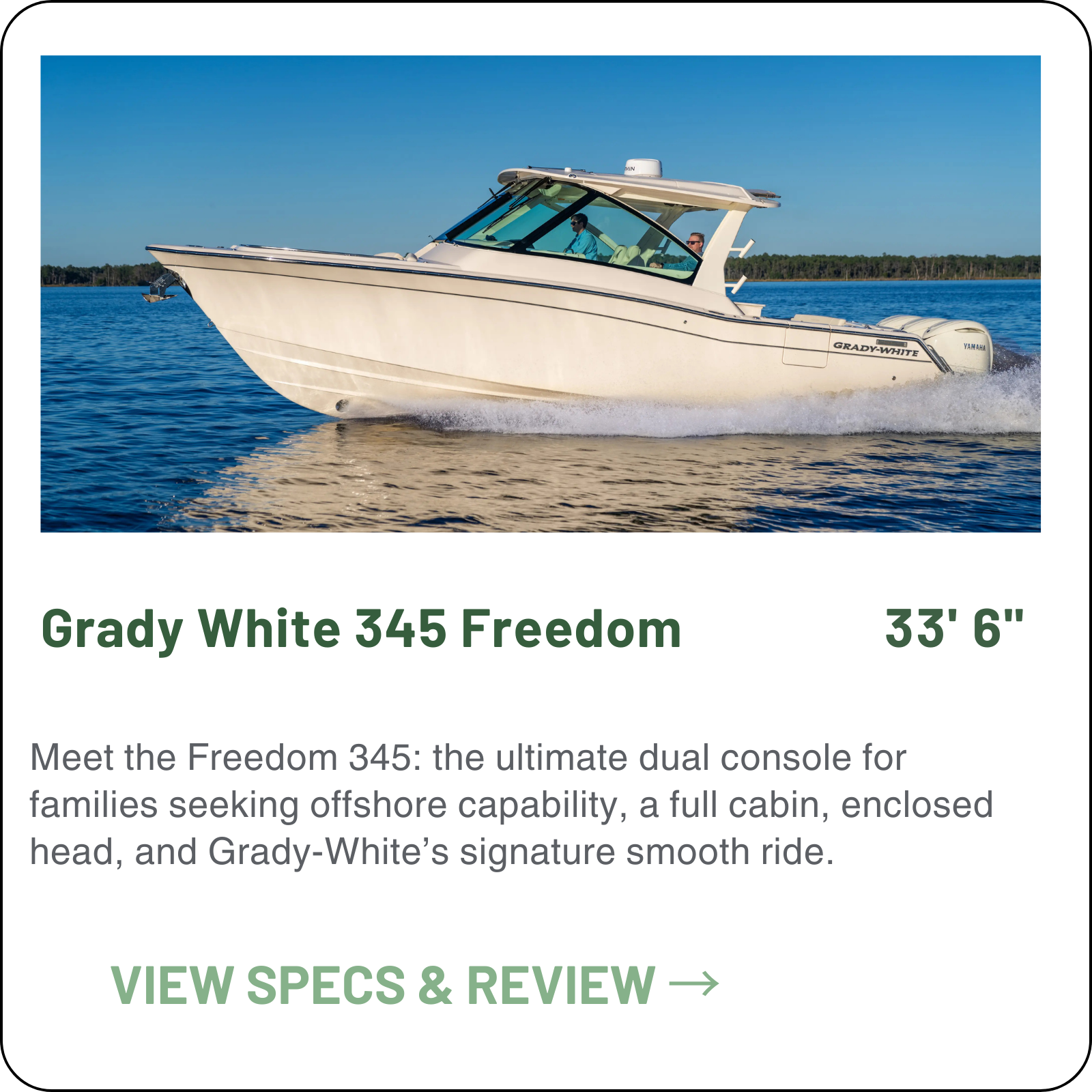 Grady-White Freedom 345: 33ft 6in dual console built in NC by the Smith family. Features SeaV2 hull, triple Yamaha 350hp or twin 450hp engines, 56-knot top speed, port cabin with berth/TV, starboard head/shower, wet bar with grill, and Seakeeper 3.