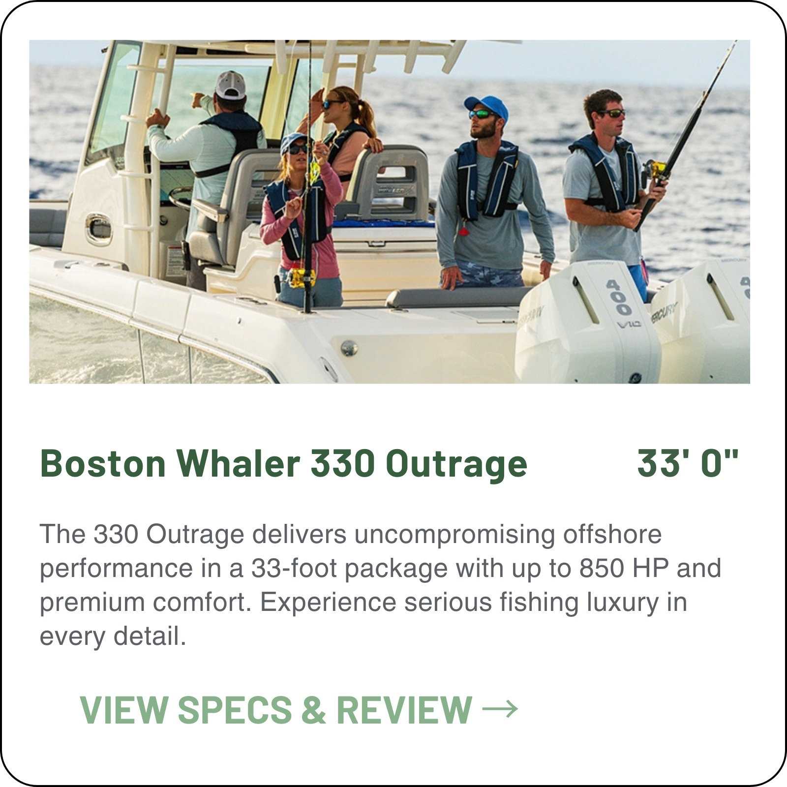 Boston Whaler 330 Outrage — 33ft unsinkable center console. Premium offshore fishing with triple Mercury outboards, T-top, livewell and spacious cockpit. Legendary foam-core construction. Expert reviews and advisory from Minted Yachts, Fort Lauderdal