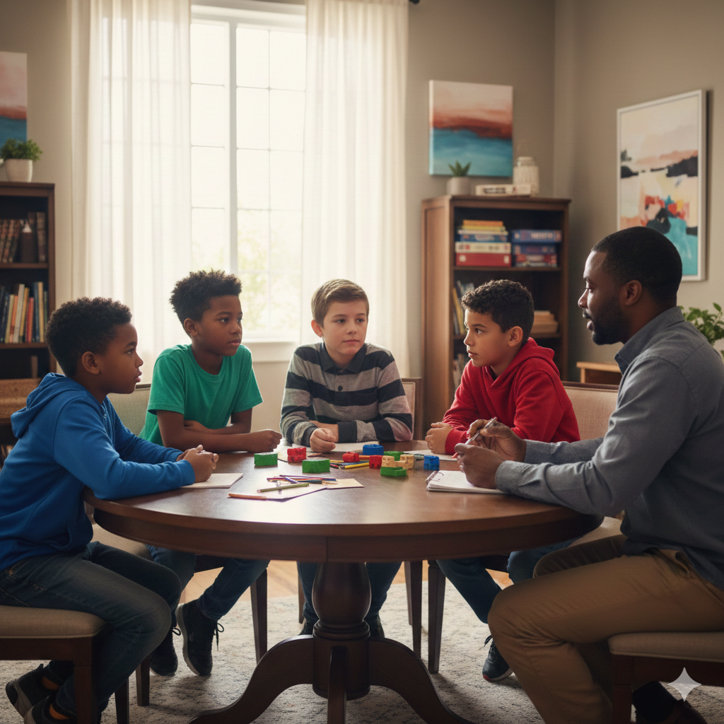 Children sitting around a table listening to a therapist talk.