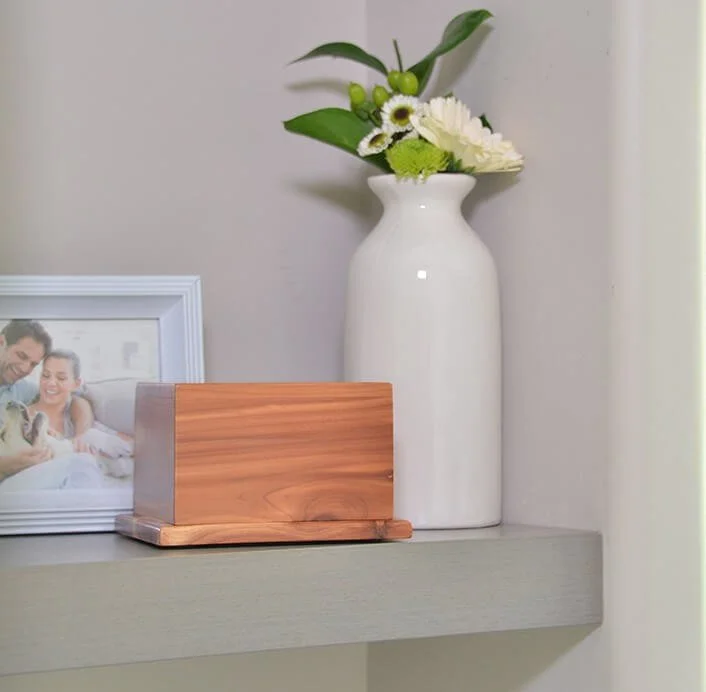 Decorative shelf with a framed photo, a white vase with flowers, and a wooden box on a light-colored wall.