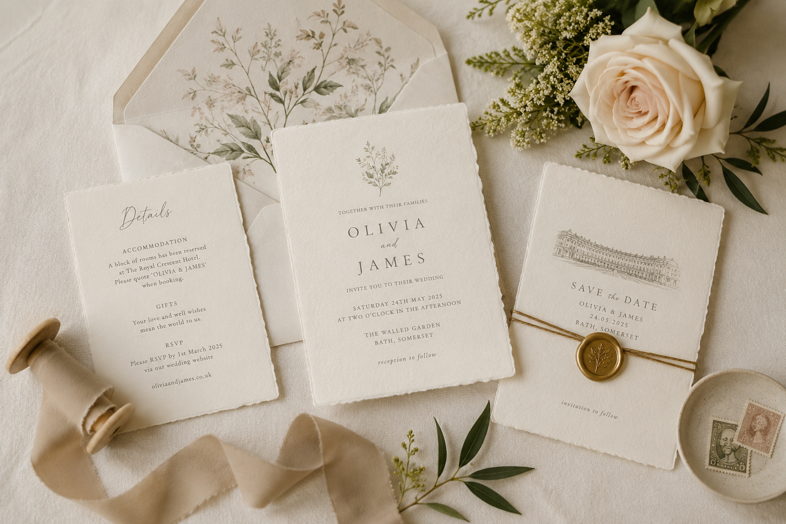 Wedding invitation suite with floral details, save the date, and RSVP card, accompanied by a cream rose, greenery, vintage stamps, and a wax seal, arranged on a cream fabric background.