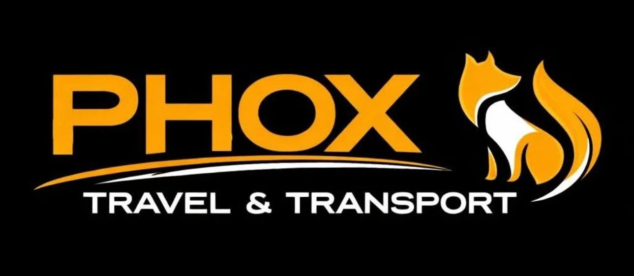 Logo for PHOX Travel & Transport featuring the company name in bold orange and white text, with a stylized fox graphic on the right, all on a black background.