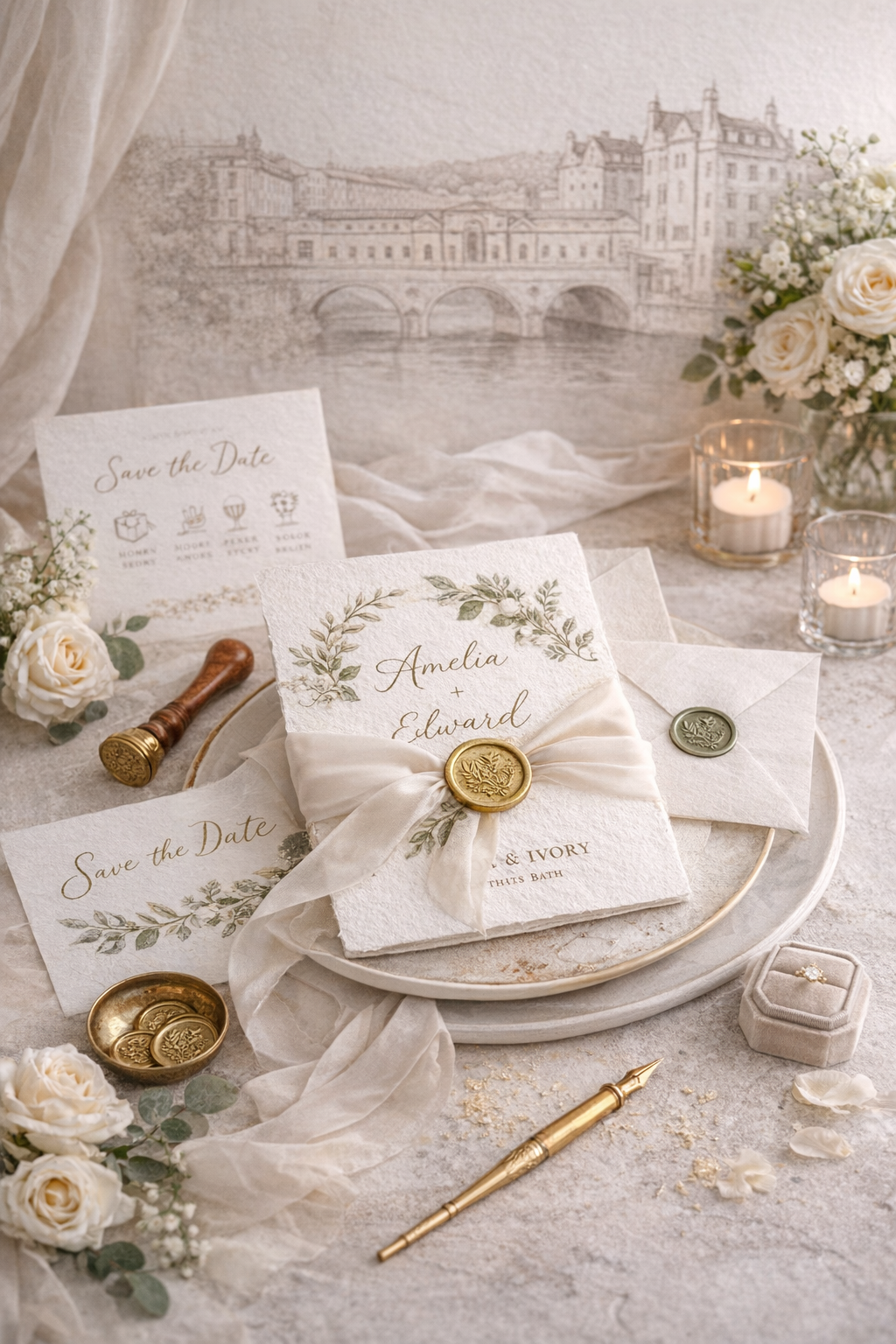 Elegant wedding invitation suite with gold wax seal, surrounded by flowers, candles, and vintage wax seal stamps on a beige table with a scenic cityscape watercolor backdrop.