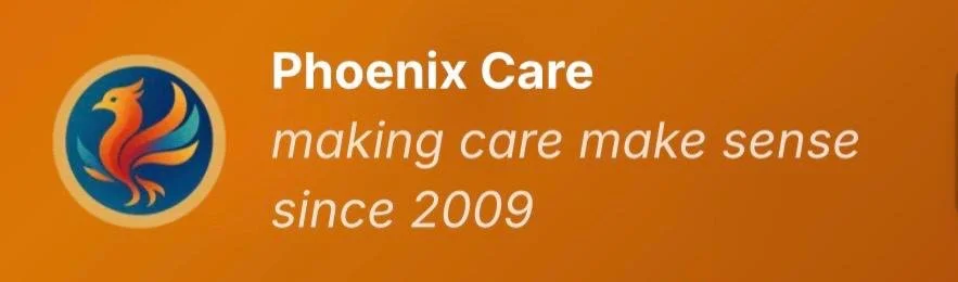 Phoenix Care logo with a stylized phoenix image and the text 'Phoenix Care making care make sense since 2009' on an orange background.