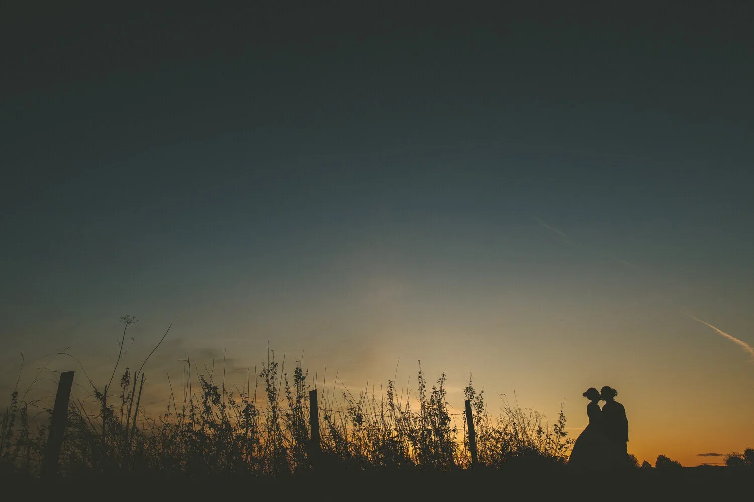 Silhouettes of a couple sitting close together on a hill at sunset, with a field of wild grass and a darkening sky in the background.