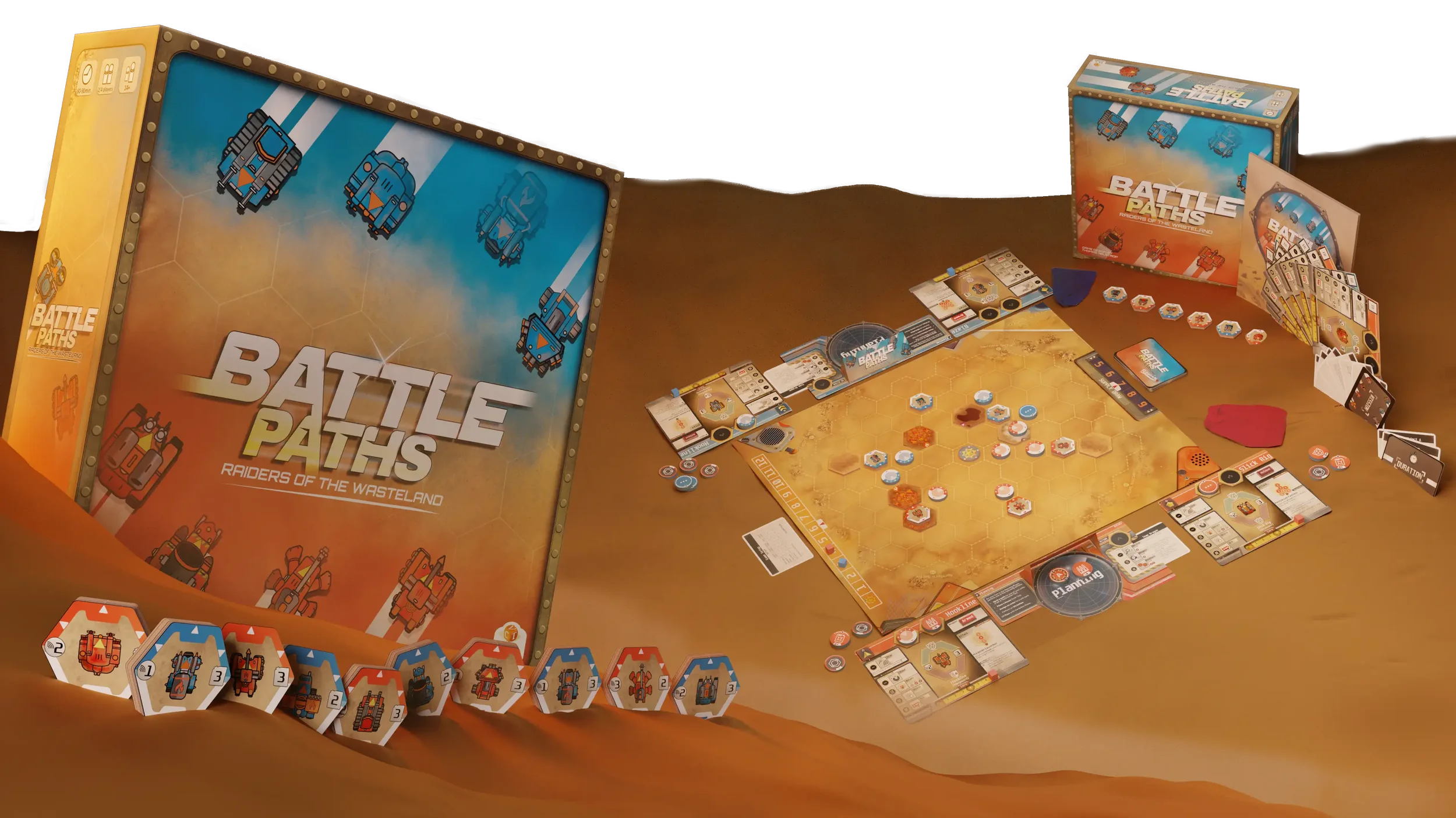 A render of the strategic board game Battlepaths: Raiders of the Wasteland set up on a table, including game board, mech units, planning areas and other game components.