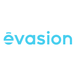 Logo de Evasion, une société de divertissement ou de médias, avec le nom écrit en lettres bleues et une icône stylisée représentant une évasion ou un voyage modulé en forme de flèche.