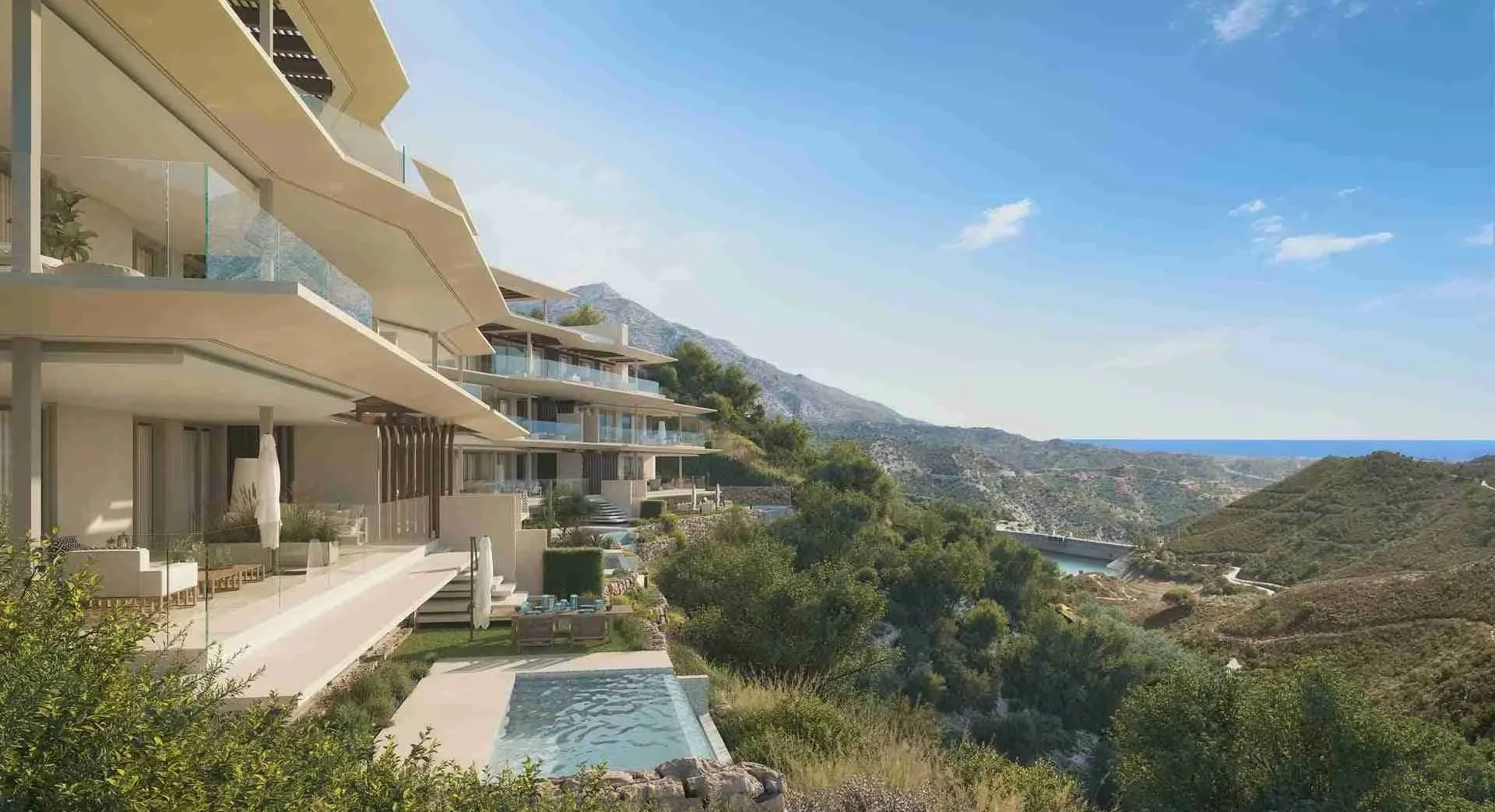 Modern residences at Mimosas Real de La Quinta with terraces and panoramic sea and mountain views