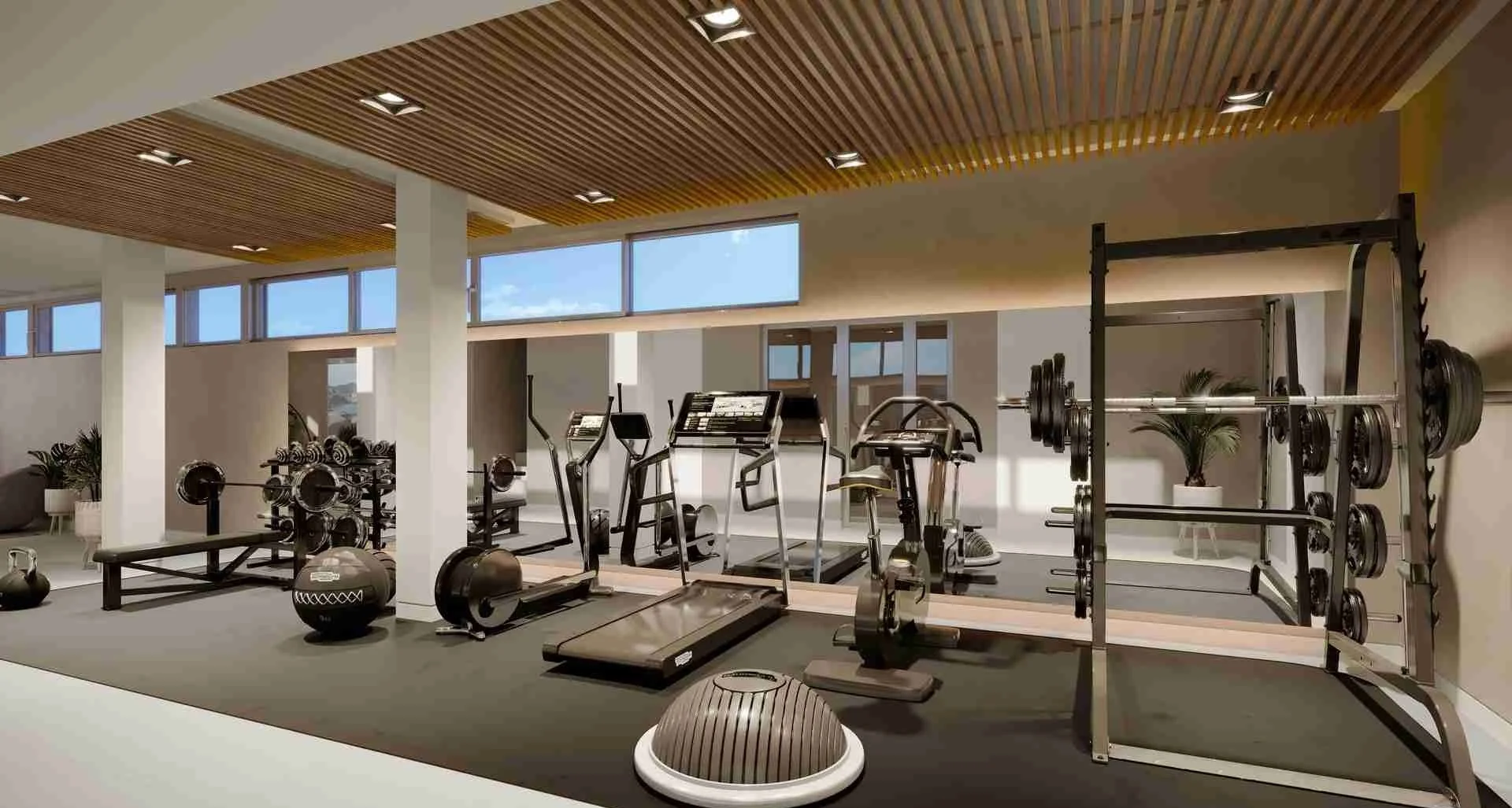 Modern gym in La Quinta residential development with treadmill, weights, and ocean views