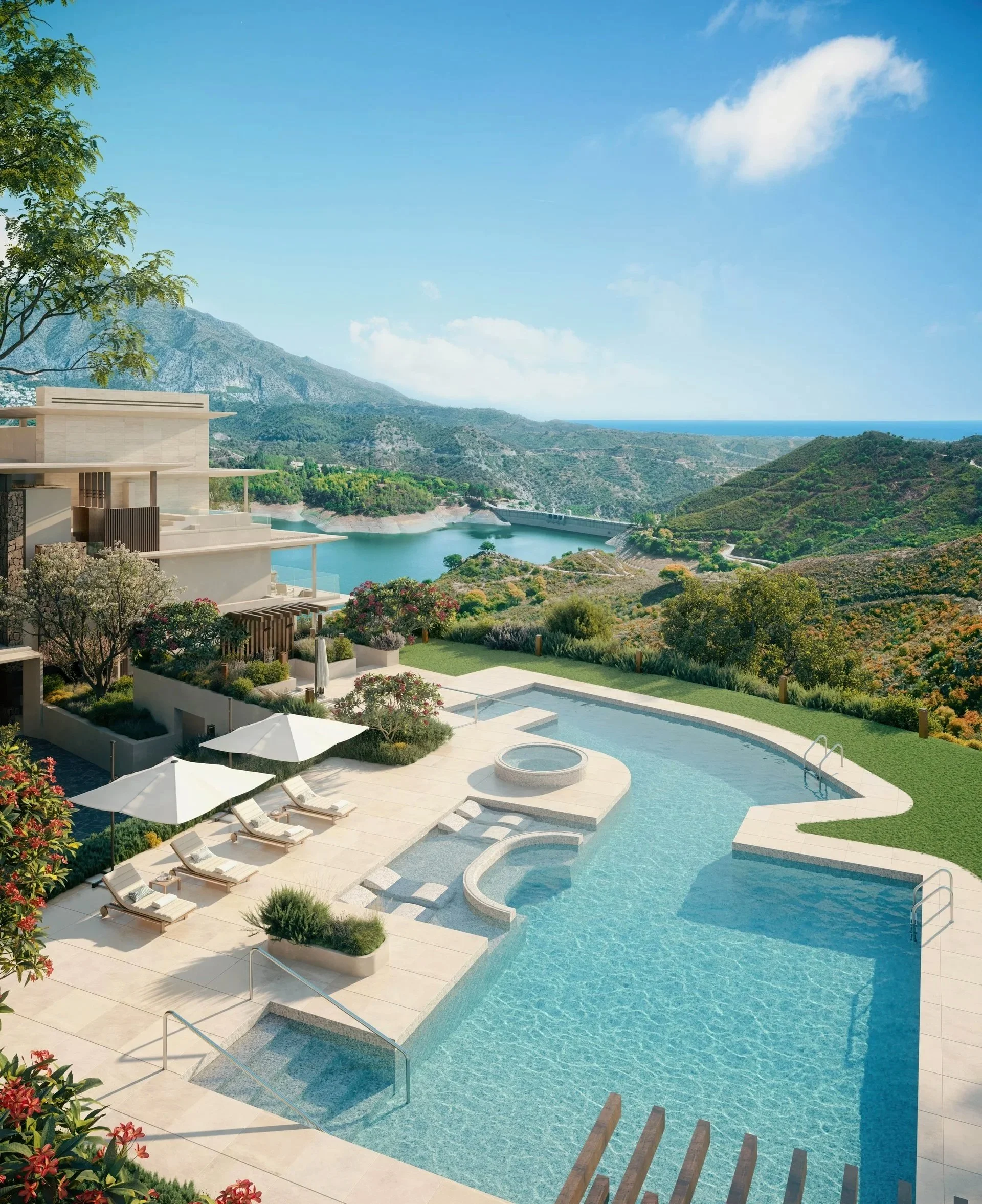 Swimming pool in Real de La Quinta with lake and mountain views in Benahavís